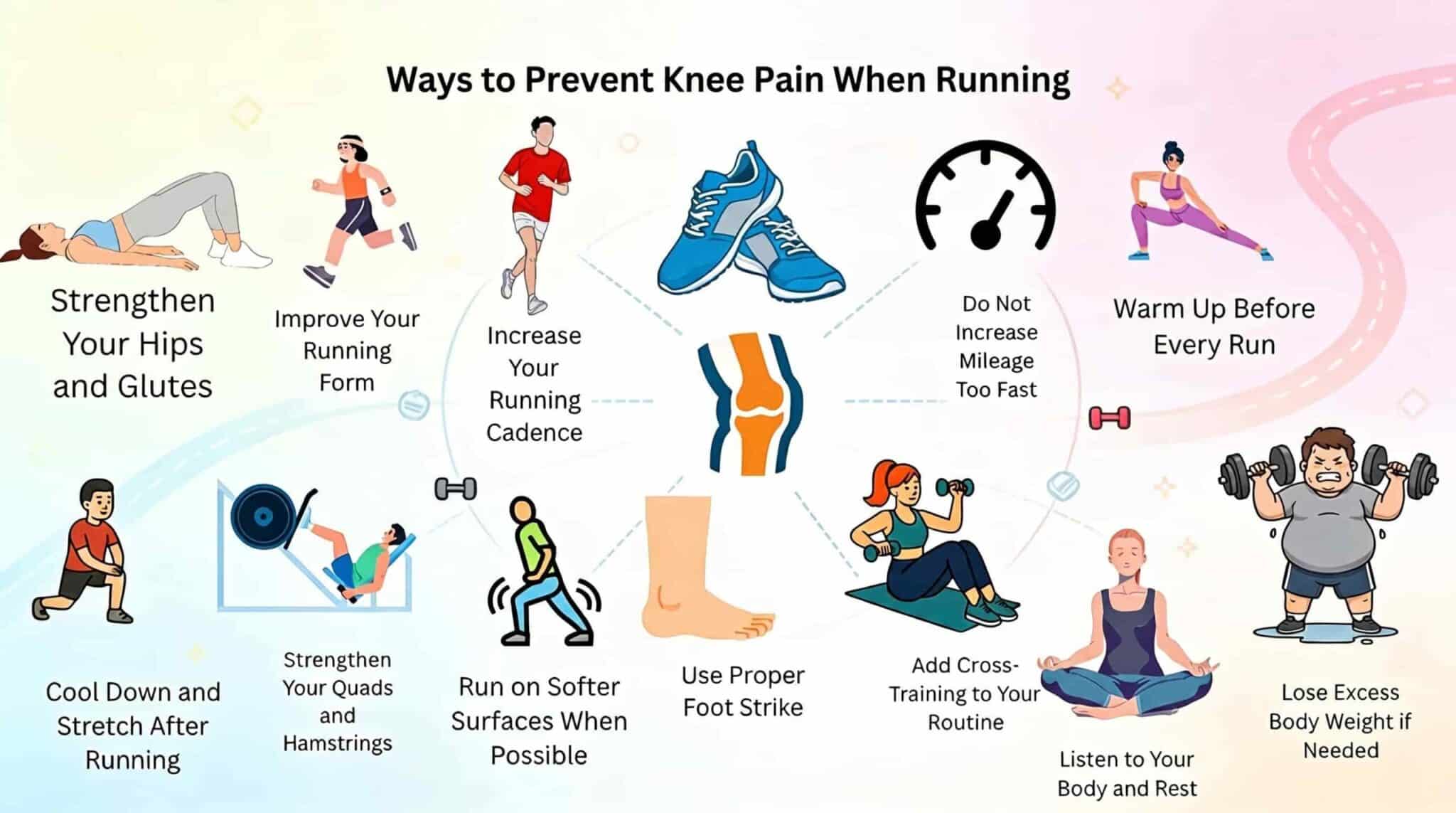 An infographic banner displaying various running tips, including stretching, muscle strengthening, and listening to your body.