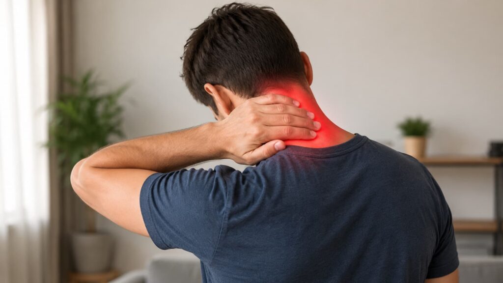 Back view of a man holding his hand to his neck, which is highlighted with a glowing red area indicating pain or strain.