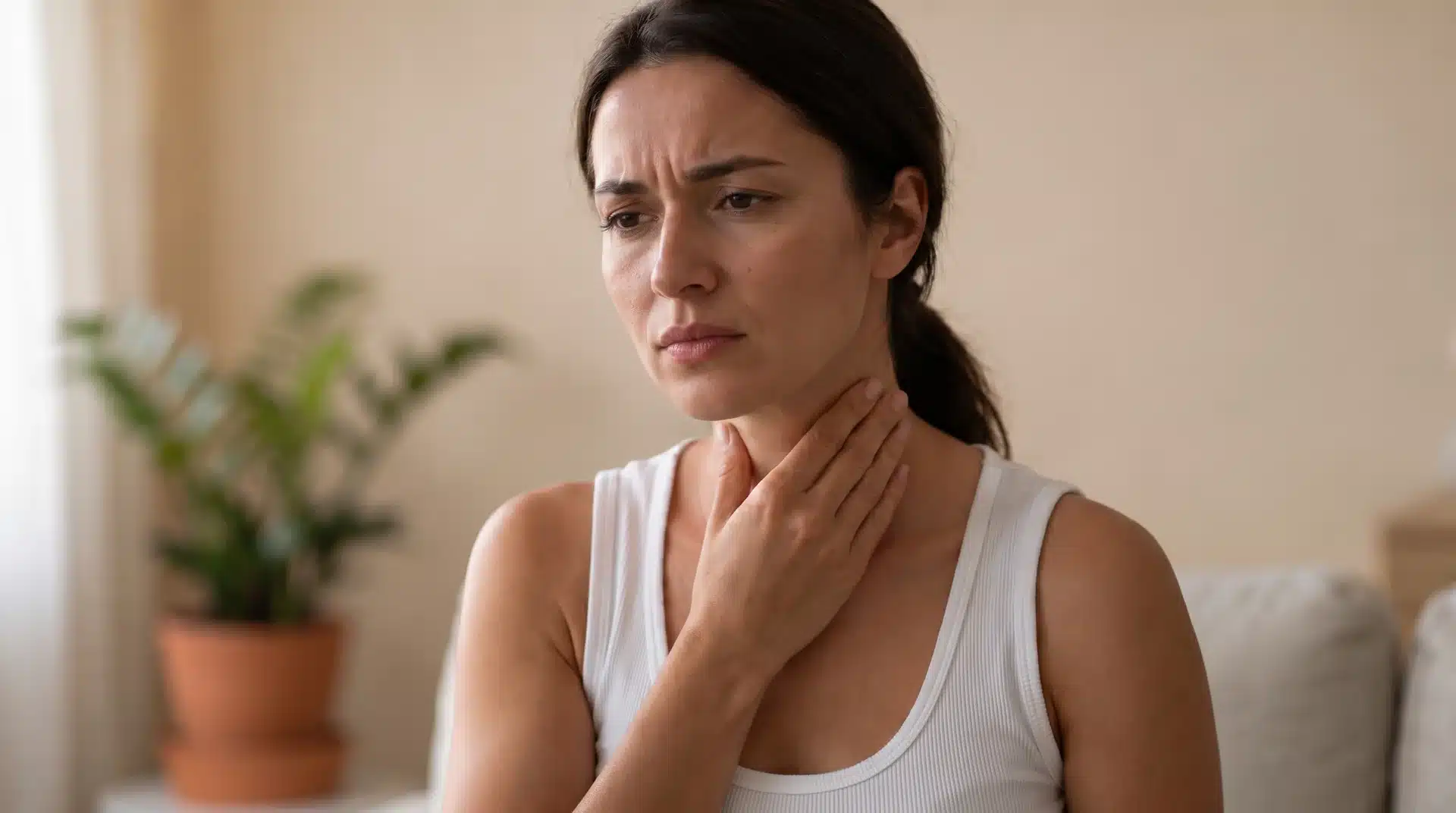 A woman in a white tank top touching her throat with a concerned expression, with a potted plant blurred in the background.