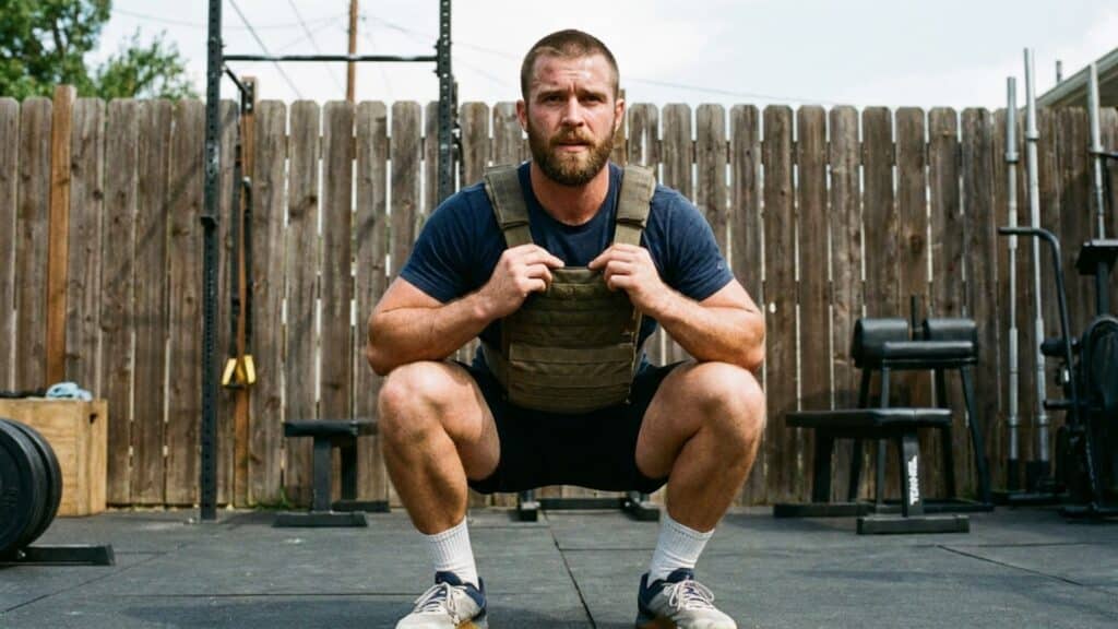 Athlete performing weighted squats during a Murph workout, highlighting strength, endurance, and military-style fitness training.