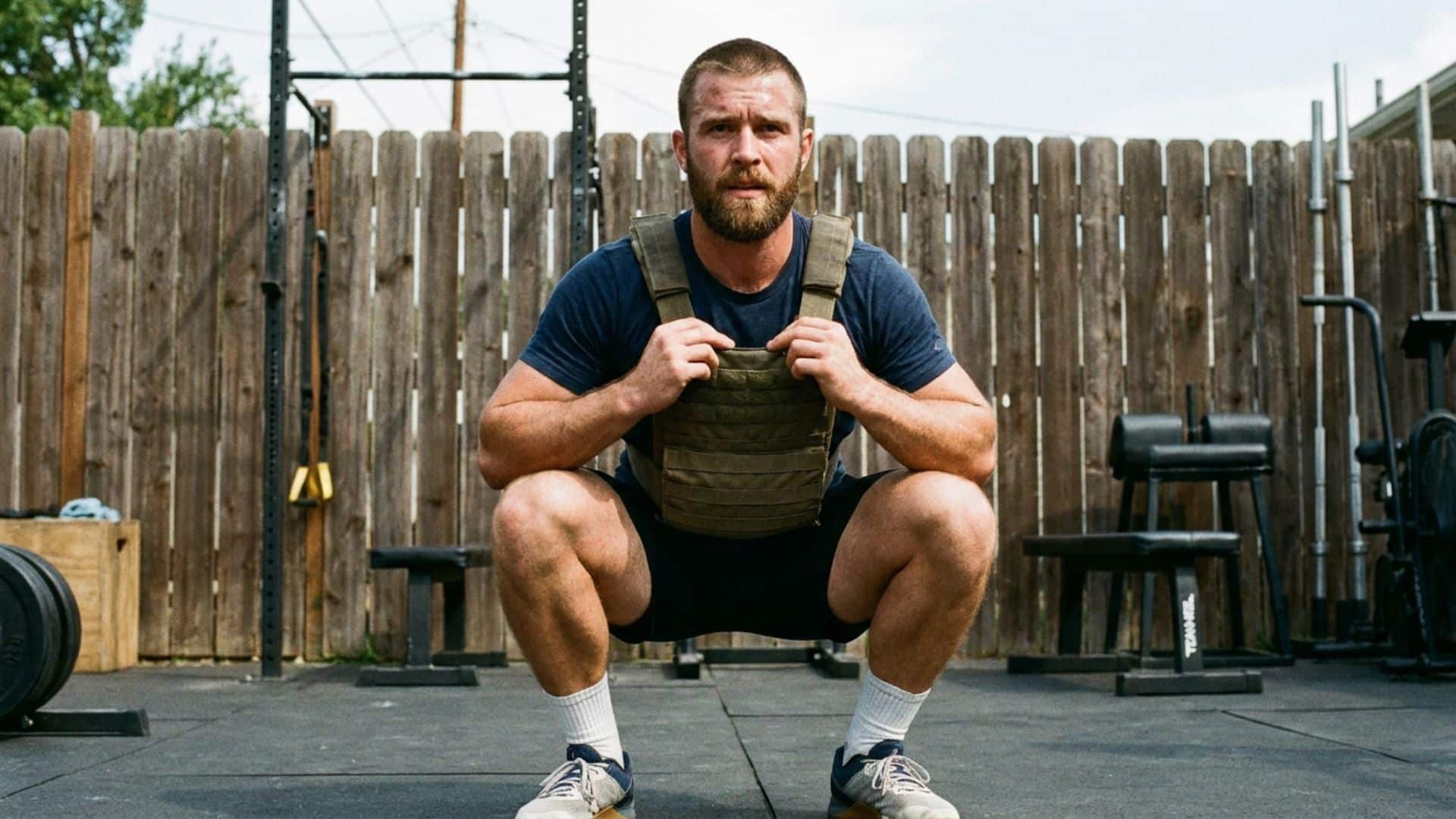 Athlete performing weighted squats during a Murph workout, highlighting strength, endurance, and military-style fitness training.