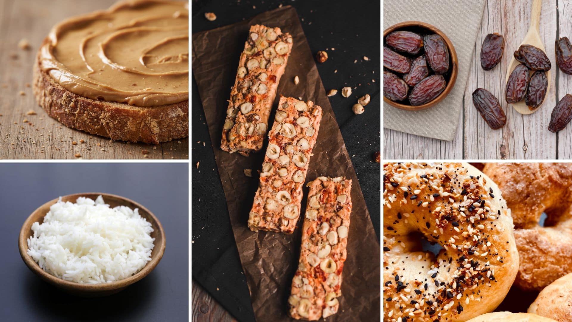 Healthy pre-run foods including peanut butter toast, energy bars, dates, rice, and bagels for what to eat before a long run.