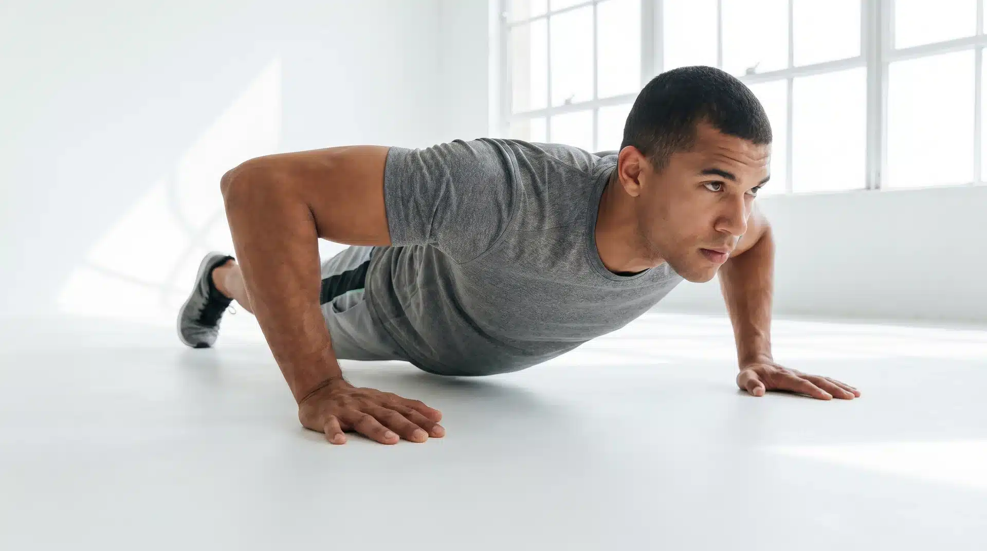 A man with short dark hair performing a wide push-up position on a light-colored floor in a bright studio.