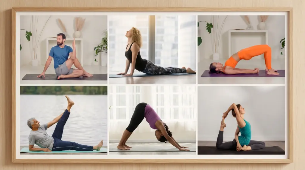 Alt Text: A collage of six different people practicing yoga poses on mats to relieve sciatica.