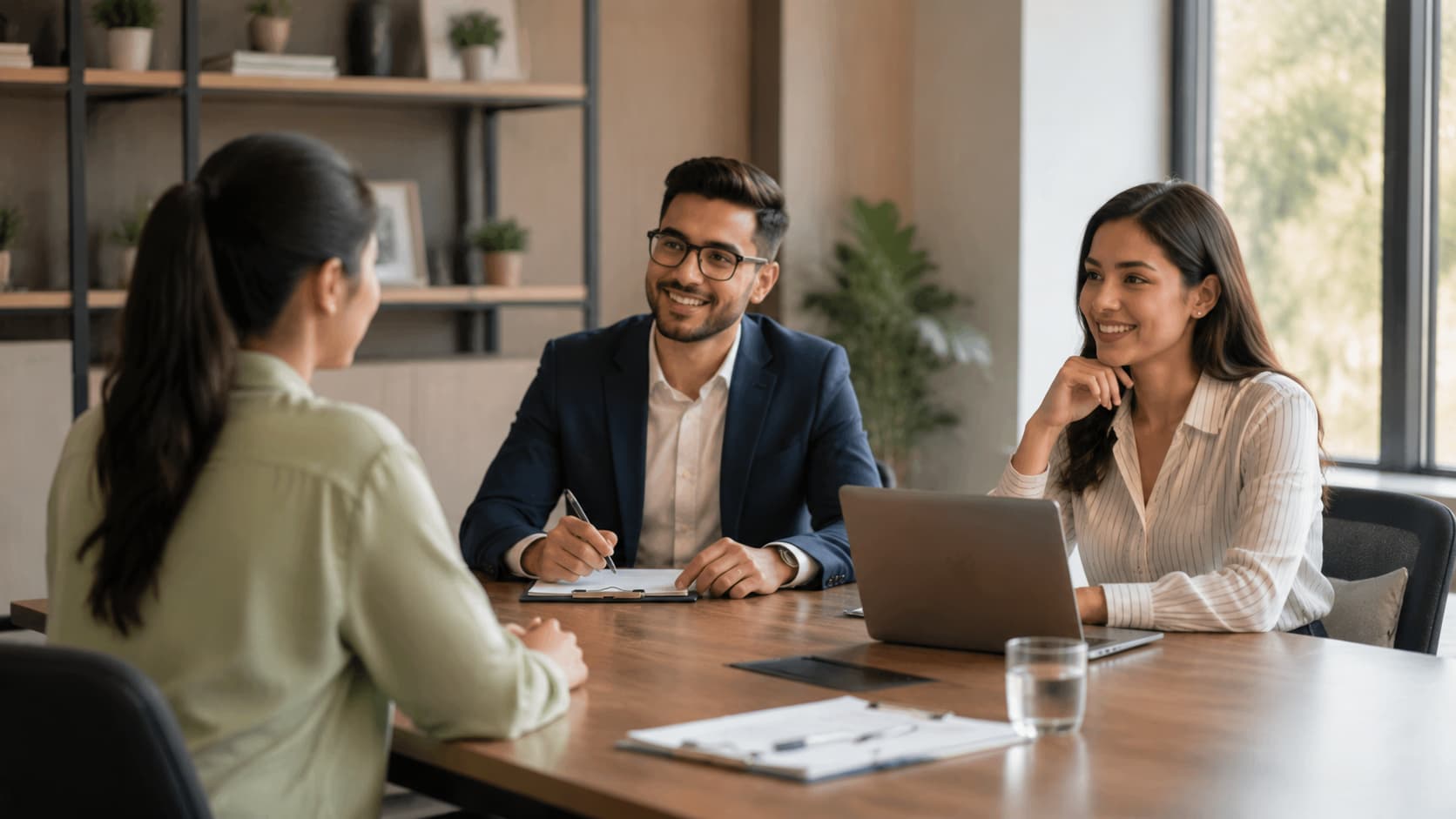 A smiling professional interviewer reviewing a resume with a candidate in a bright, modern office setting.