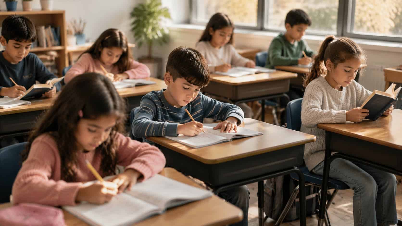 An elementary school student smiling at his desk while solving a math problem in his notebook during class.