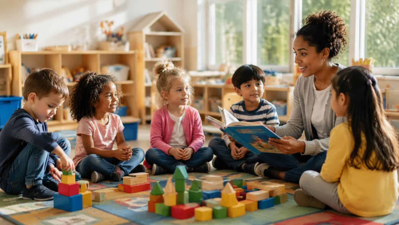 Young kindergarten children sitting in a circle on a colorful classroom rug, listening closely to their teacher.