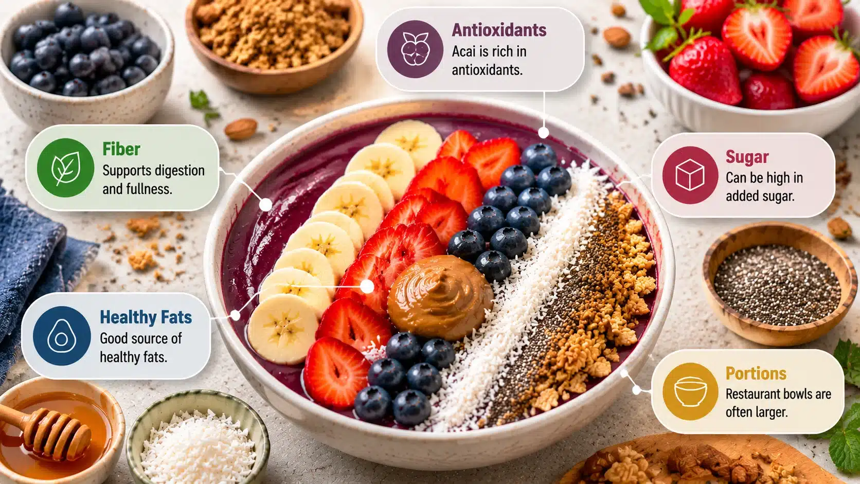 Acai bowl with fresh berries, granola, chia seeds, and toppings showing nutrition facts like fiber, sugar, calories, and healthy fats