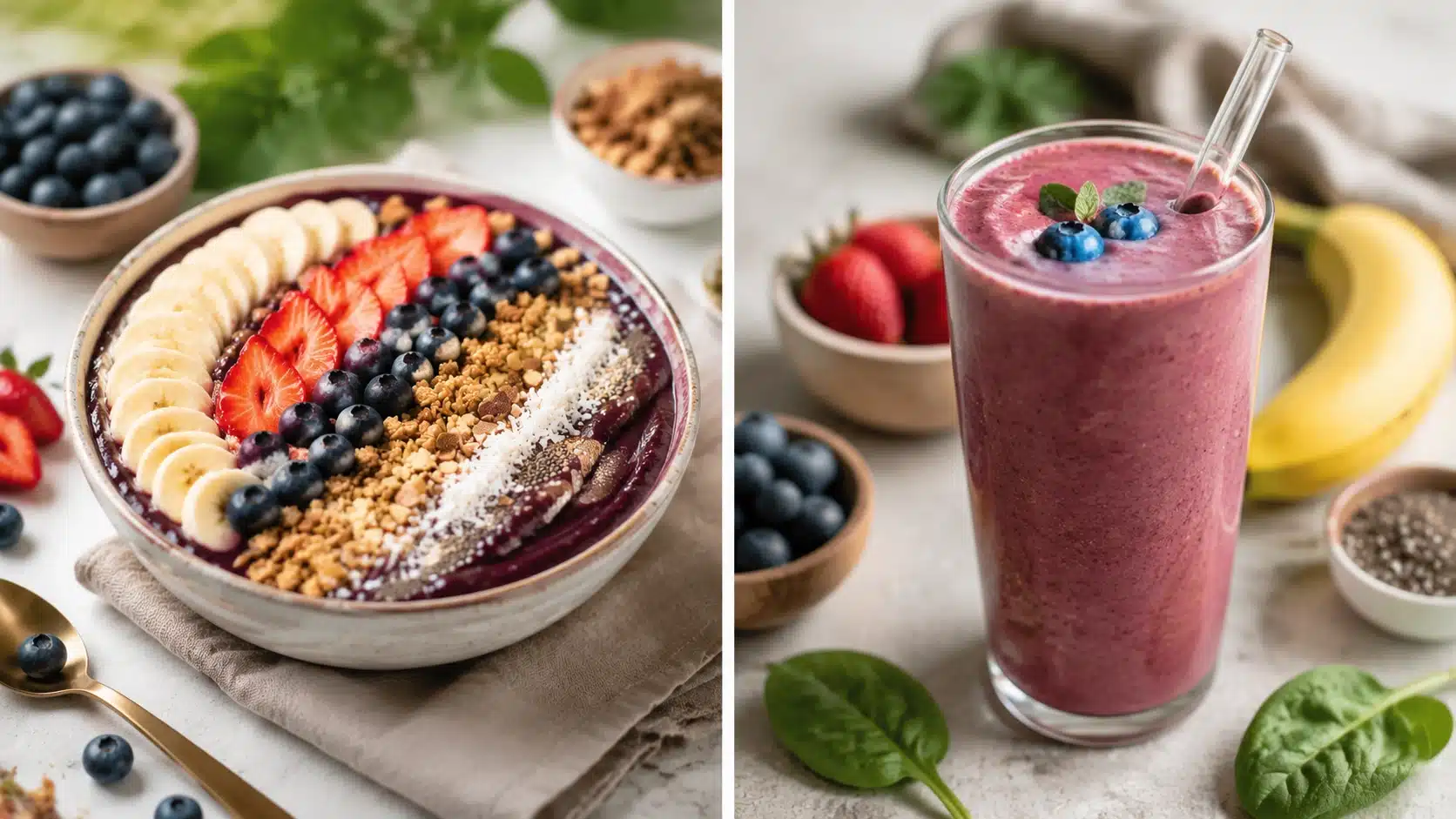 Acai bowl and smoothie side by side with fresh fruits, berries, and healthy ingredients for a balanced breakfast comparison.