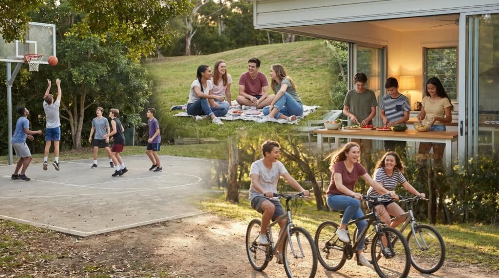 A group of teenagers enjoying outdoor activities, including playing basketball, riding bicycles, and having a picnic in a backyard.