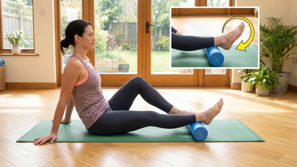 Woman sitting on yoga mat doing ankle circles with calf on a foam roller, with a picture-in-picture arrow showing rotation.