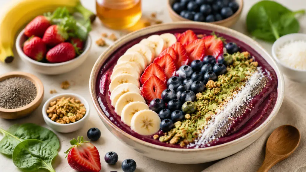 Healthy acai bowl with fresh fruits, berries, seeds, and nutritious toppings on a bright breakfast table.