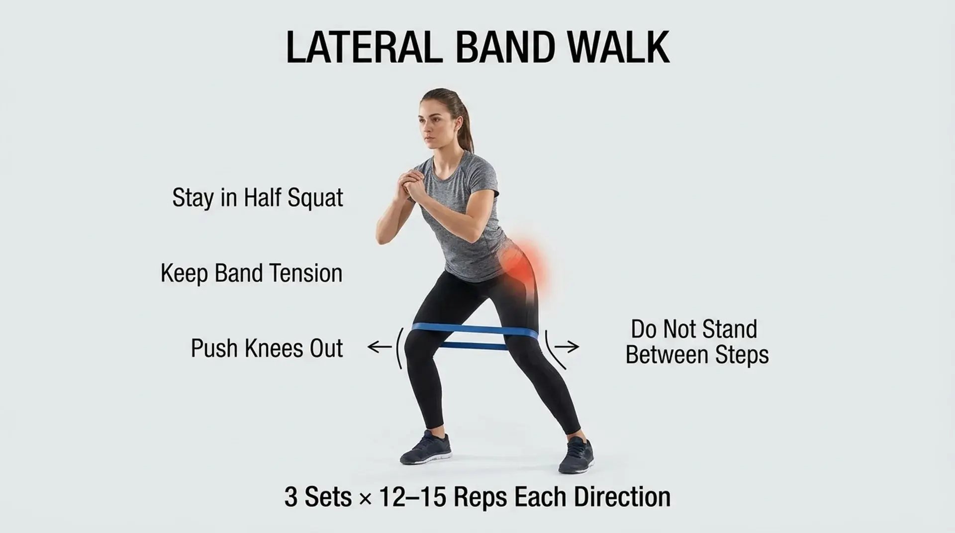 Lateral band walk infographic showing gluteus medius activation and proper form