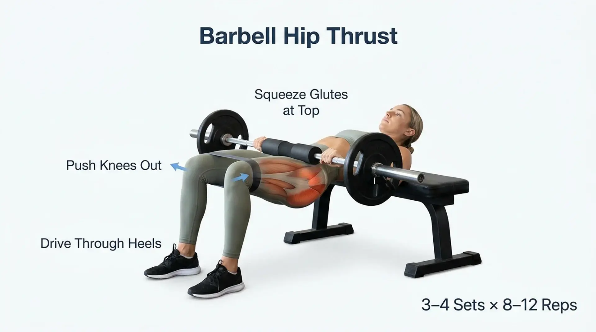 Barbell hip thrust infographic showing form tips for upper glute activation