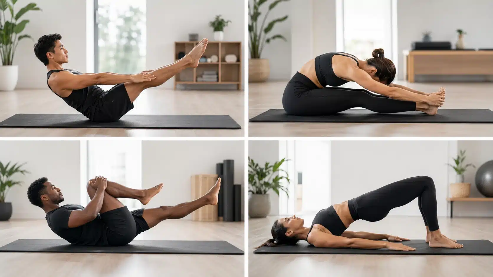 Four-panel image showing different mat Pilates exercises for strength, flexibility, balance, and core training