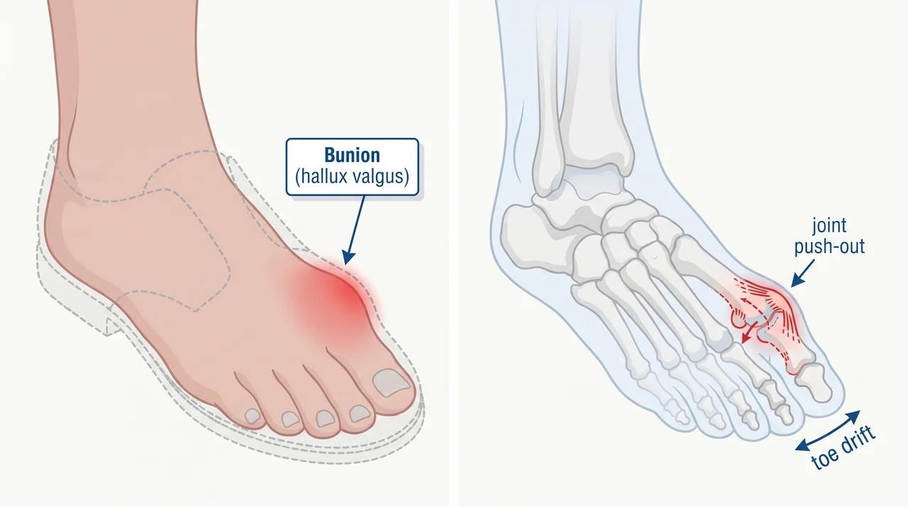 Right foot medical illustration showing external bunion bump and transparent overlay of bone misalignment causing big-toe drift.