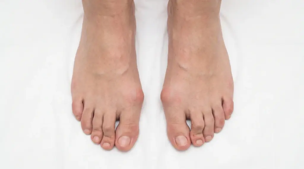 Top-down view of two feet showing bunion deformity and hammertoe with toe misalignment on a clean white clinical background.
