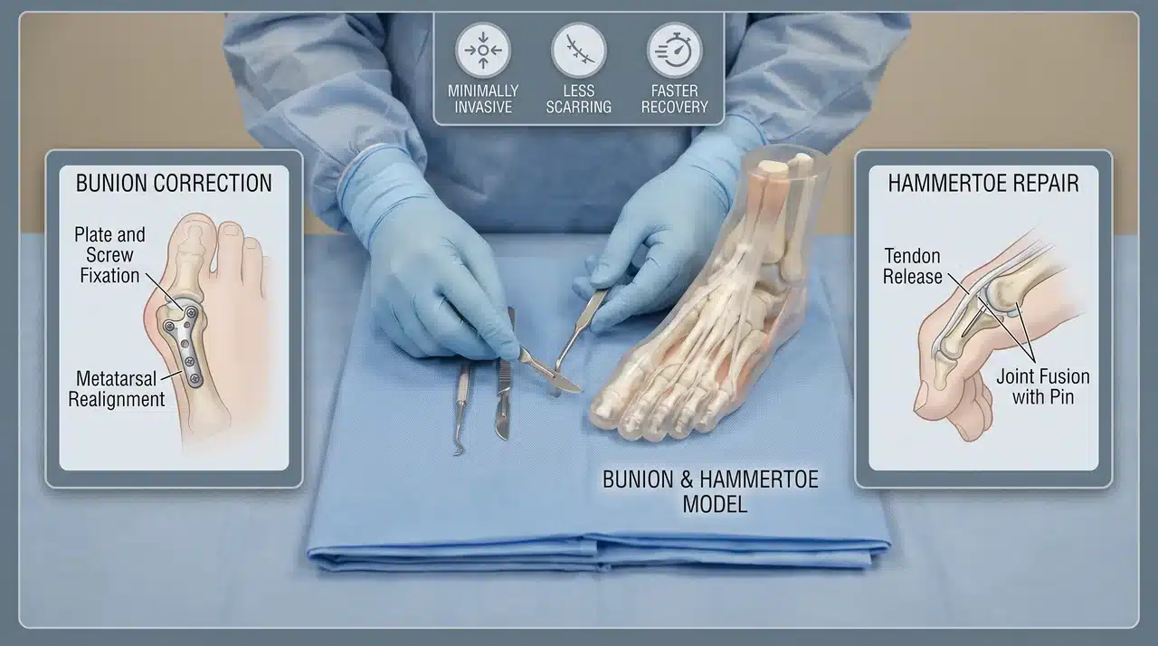 Clinical composite showing bunion realignment with plate/screws and hammertoe tendon release/joint fusion with pin, non-graphic surgical models.