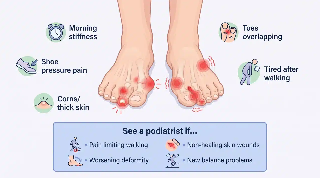 Infographic of feet with red highlights and callouts showing stiffness, pressure pain, corns, overlapping toes, and when to see a podiatrist.