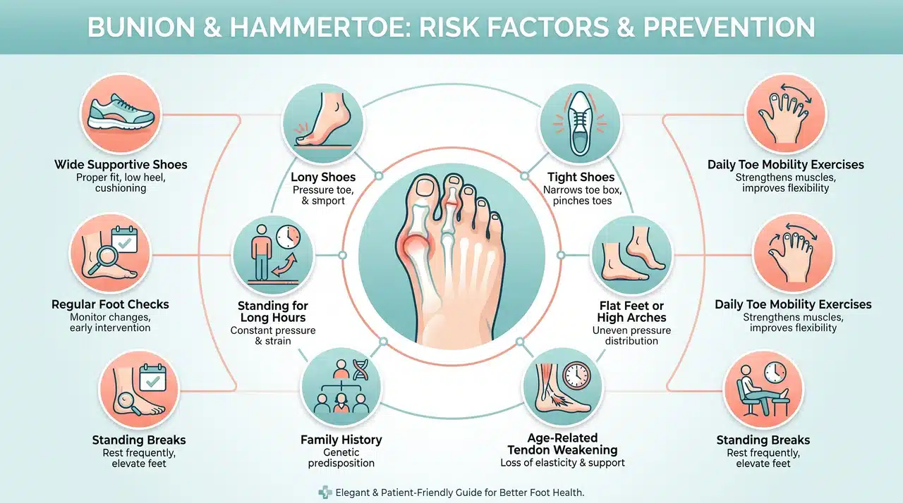 Modern infographic with a centered foot and icons showing bunion risk factors and prevention steps in a clean circular layout.