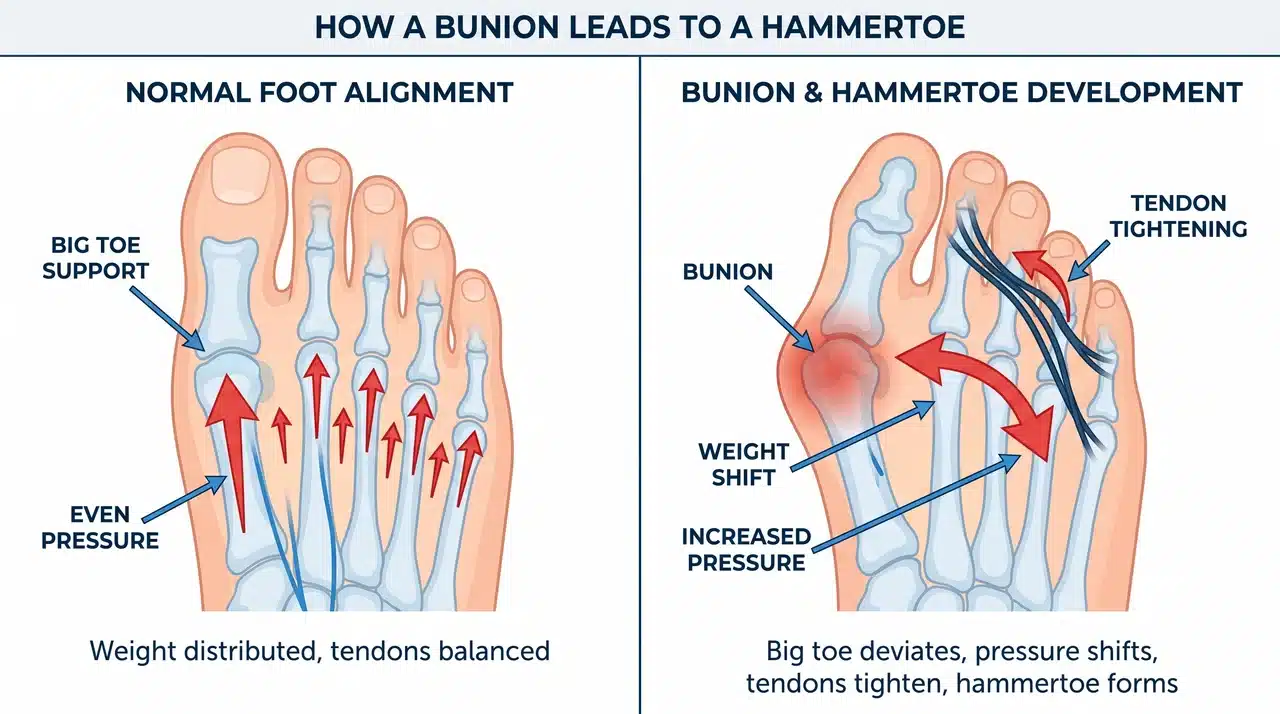 Split illustration: neutral foot vs bunion-caused weight shift, arrows showing pressure moving to toes and causing a hammertoe.