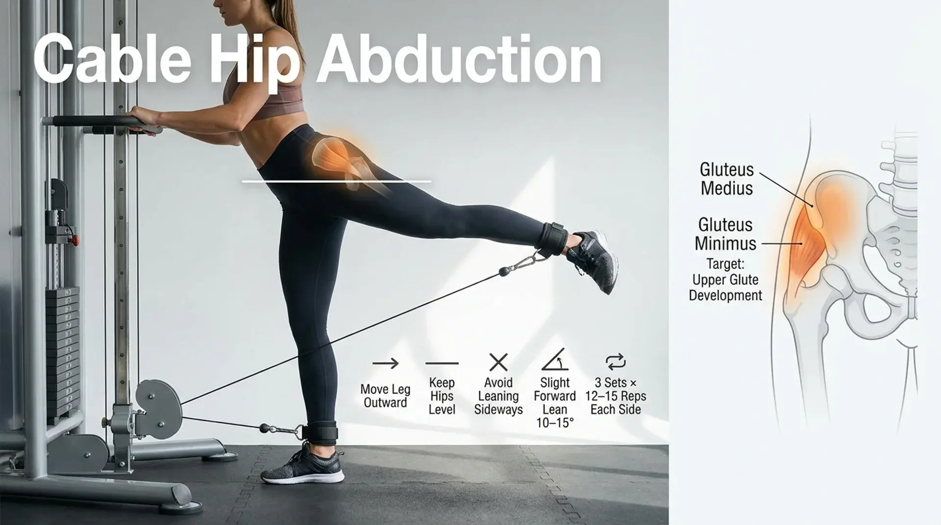 Cable hip abduction infographic showing upper glute form and muscle activation