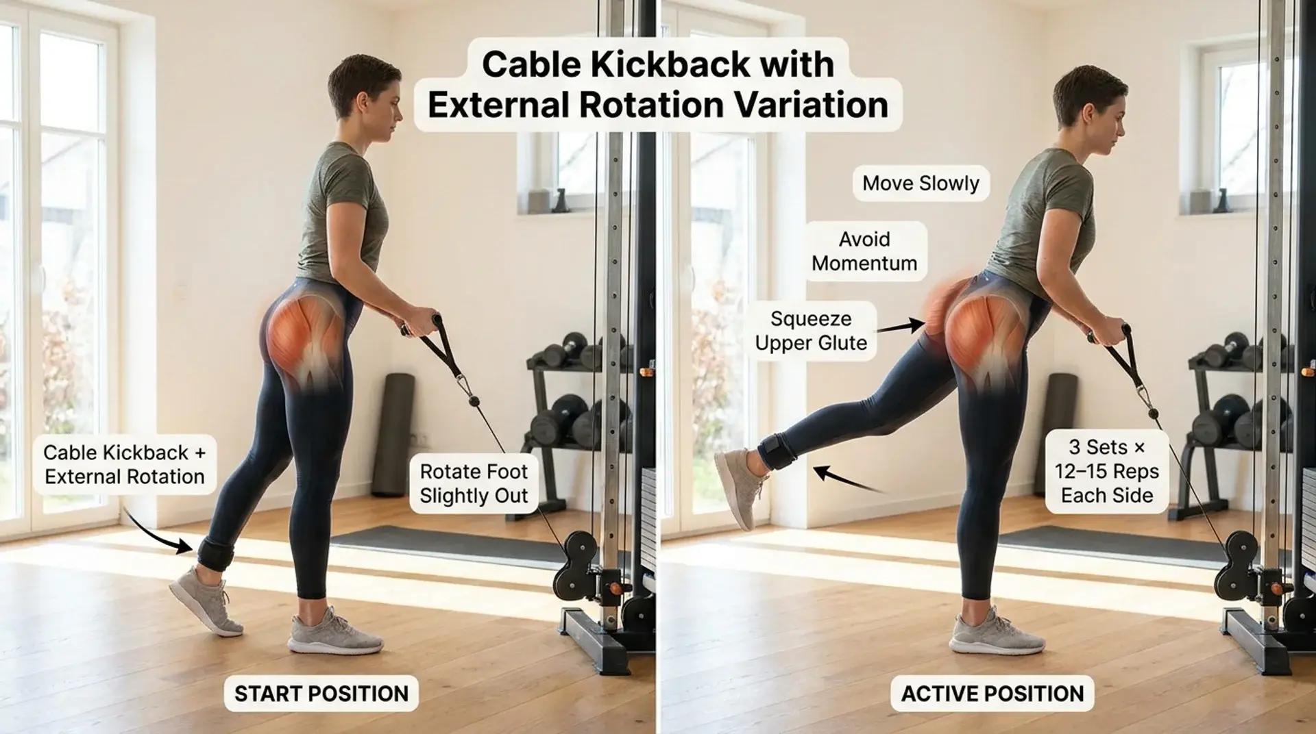 Cable kickback variation infographic showing upper glute activation and proper form
