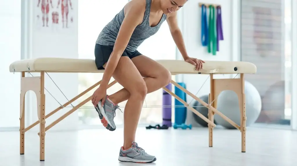Woman experiencing heel pain from a calcaneal stress fracture during rehabilitation exercise.