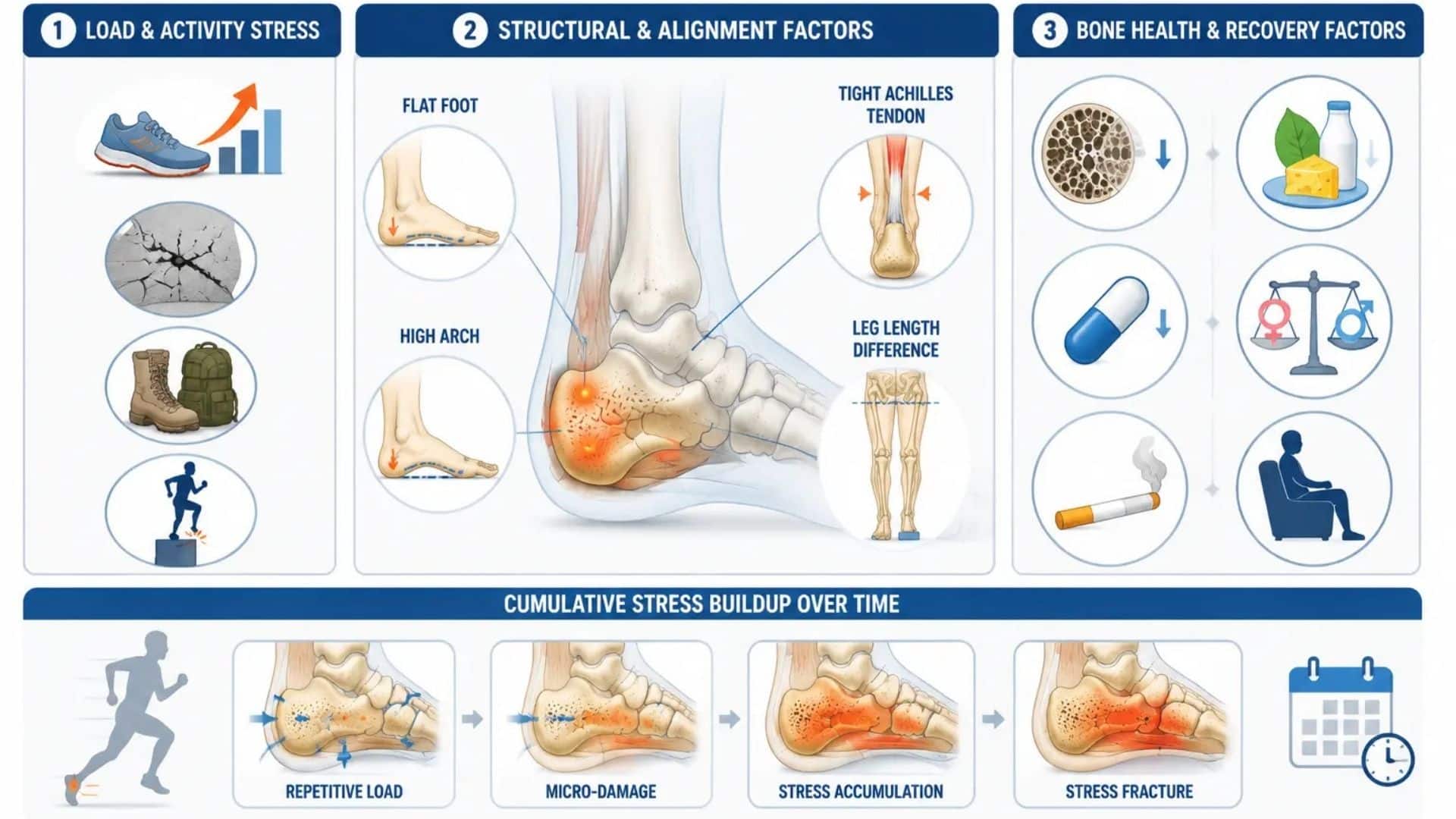 Infographic showing causes of calcaneal stress fracture including load, alignment, and bone health factors.