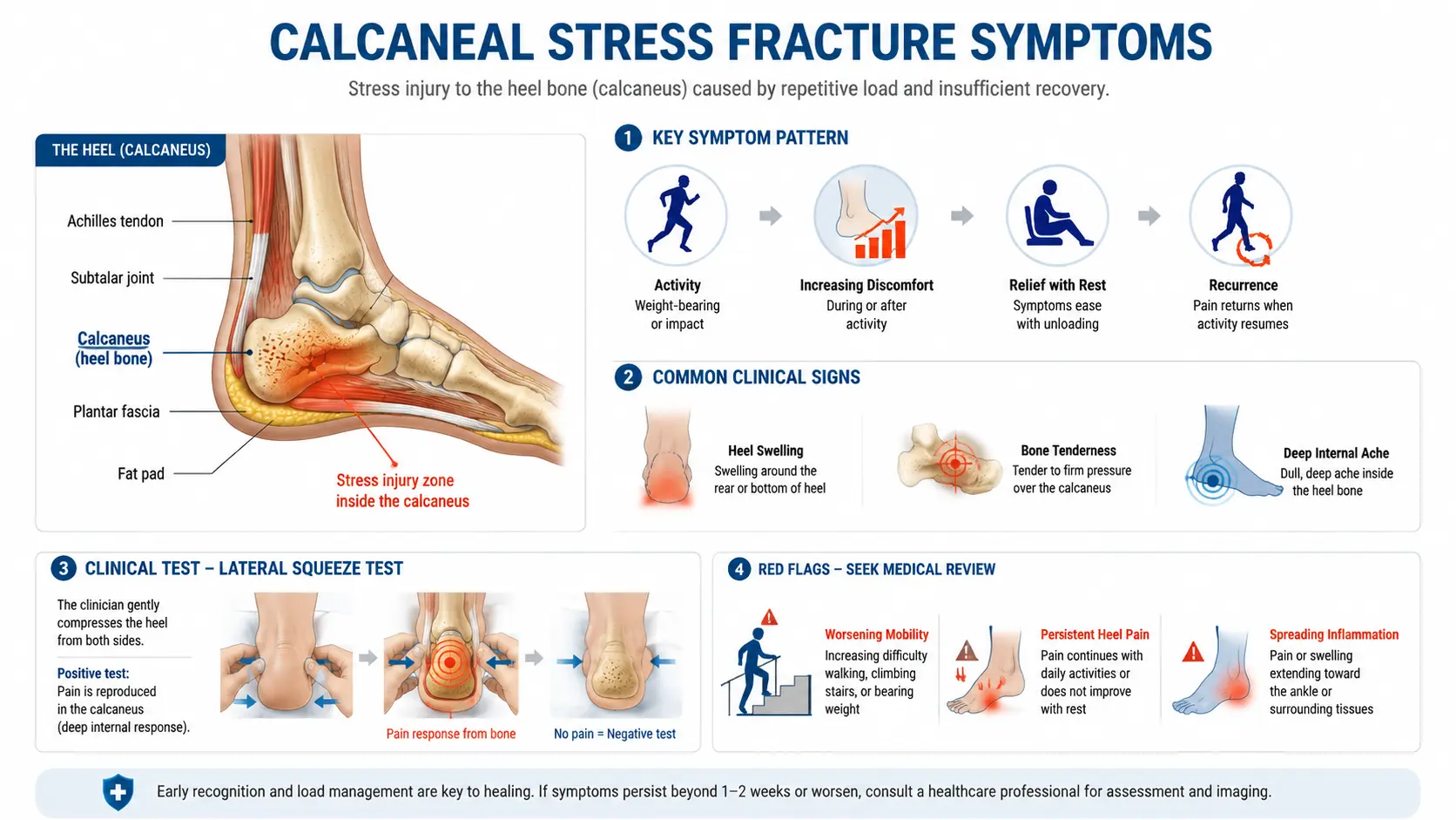 Heel bone infographic showing calcaneal stress fracture symptoms and clinical squeeze test signs.