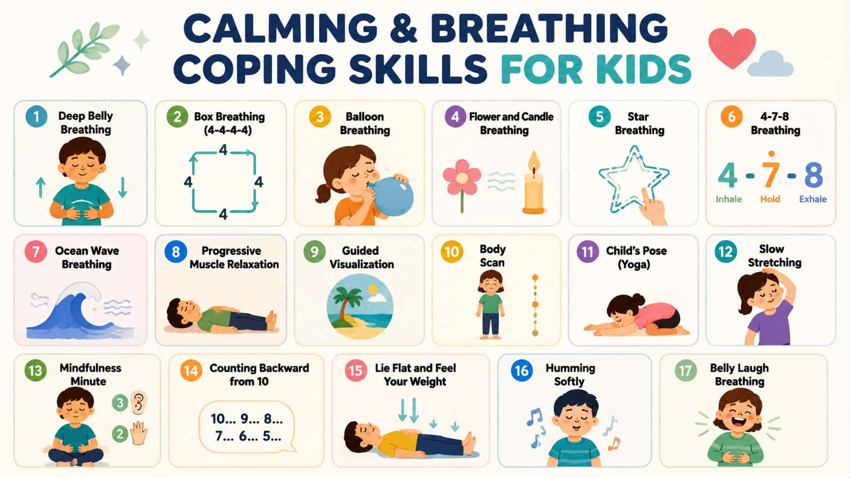 Infographic titled 'Calming & Breathing Coping Skills for Kids' with a grid of 17 illustrated mindfulness techniques.