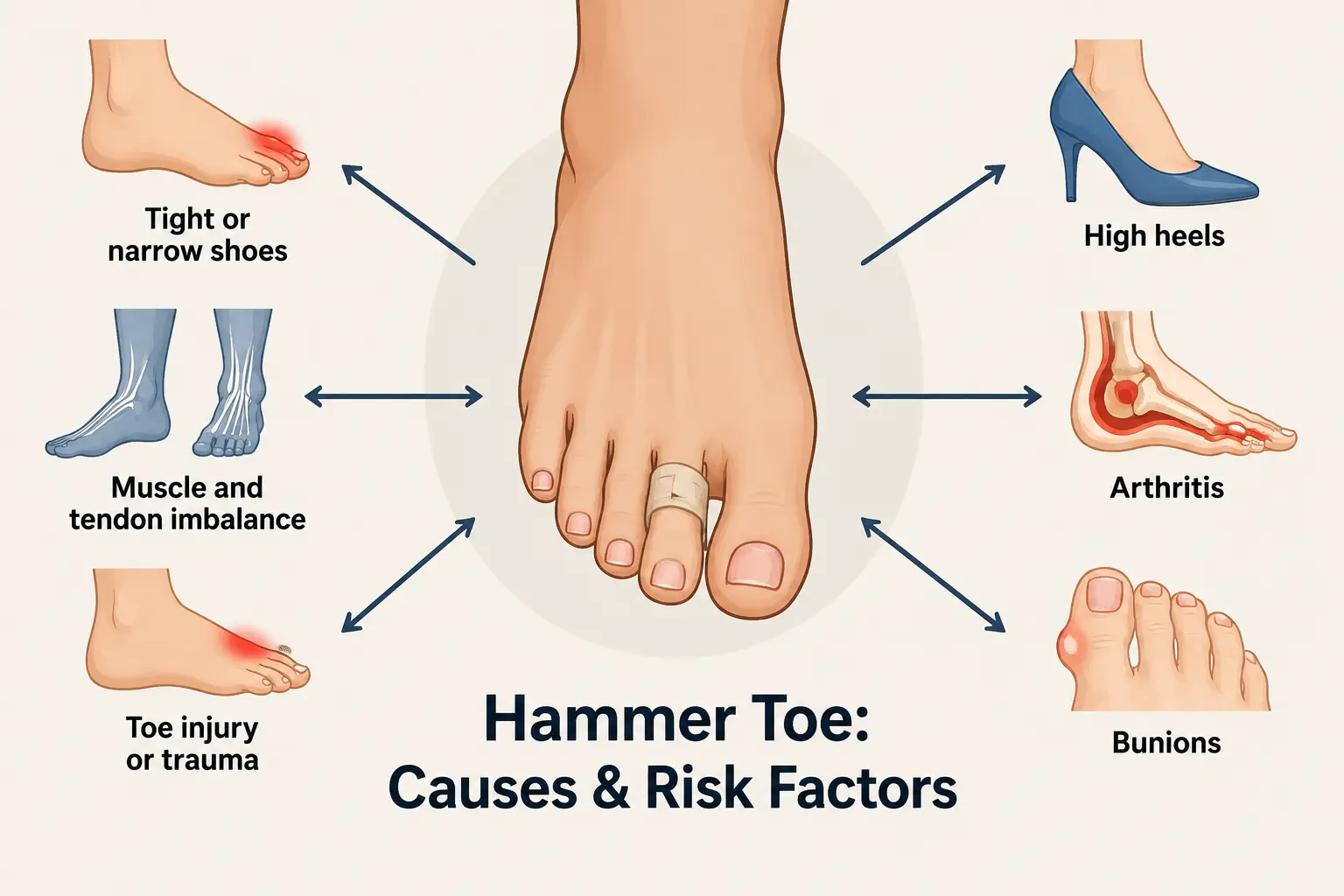 Hammer toe causes infographic showing shoes heels injury arthritis genetics bunion and muscle imbalance in foot diagram.