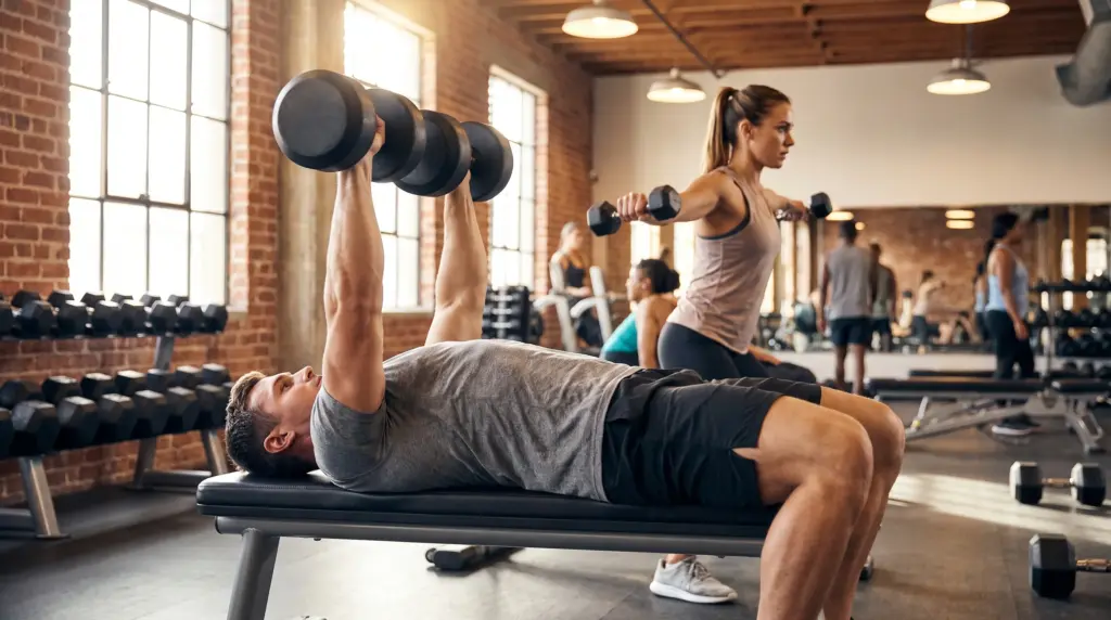 Athletes performing dumbbell chest exercises in a modern gym with proper form and realistic strength training movements.