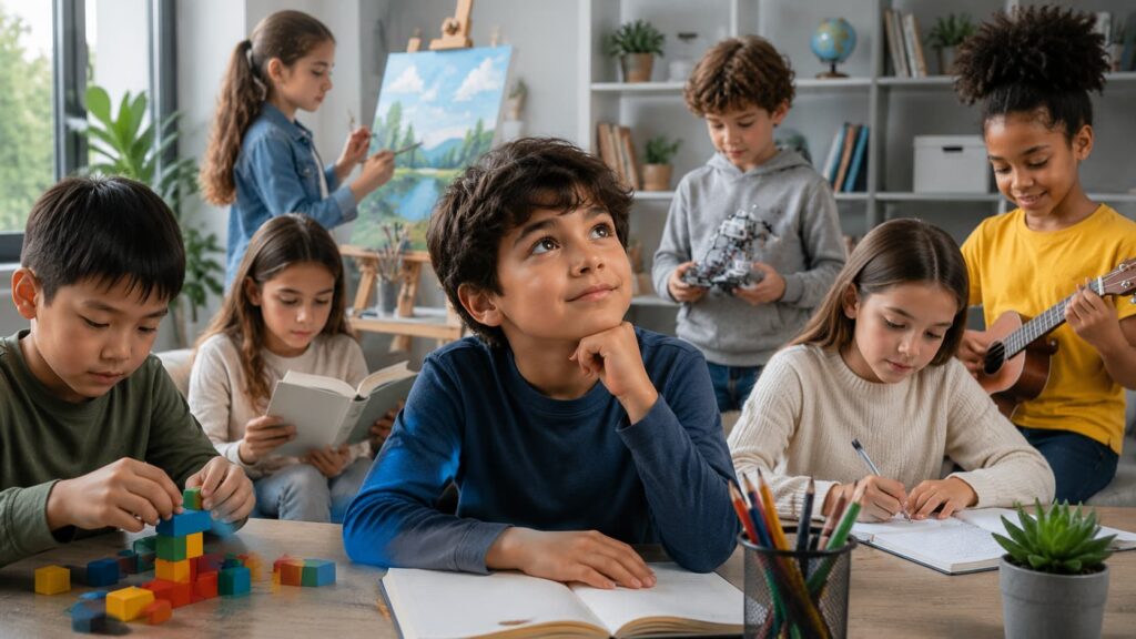 Diverse children in a classroom reading, building, and playing music, with a boy in the center looking up thoughtfully.