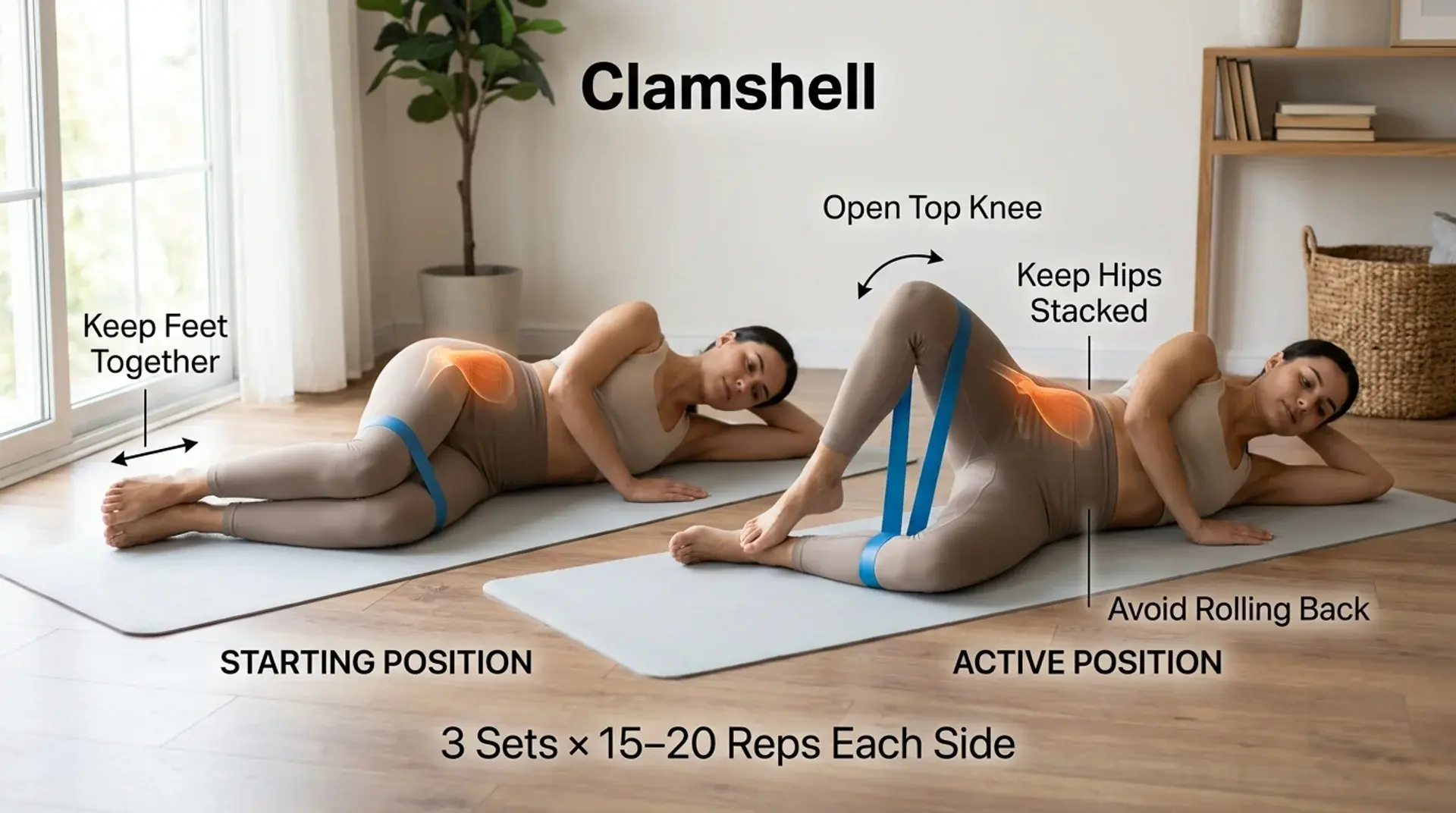 Clamshell exercise infographic showing gluteus medius activation and correct form