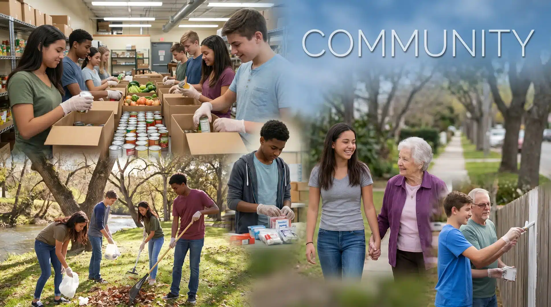 A collage of teens volunteering: packing food donation boxes at a food bank, picking up litter, and helping an elderly woman.