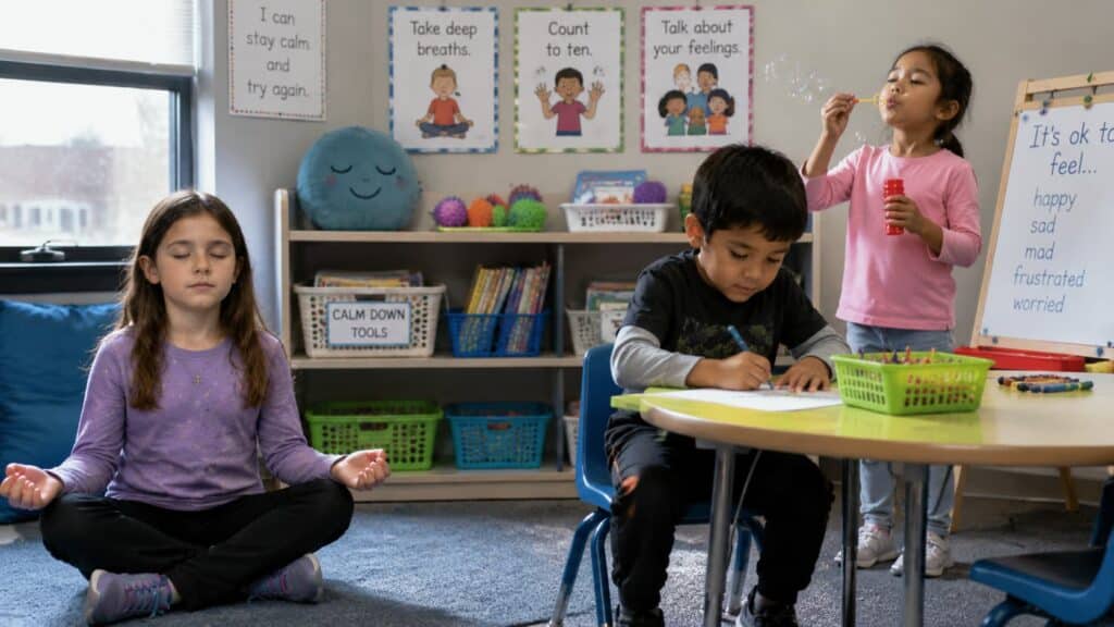 Three young children in a classroom practicing calming coping skills: a girl on a mat meditating, a boy at a desk writing, and a girl blowing bubbles.