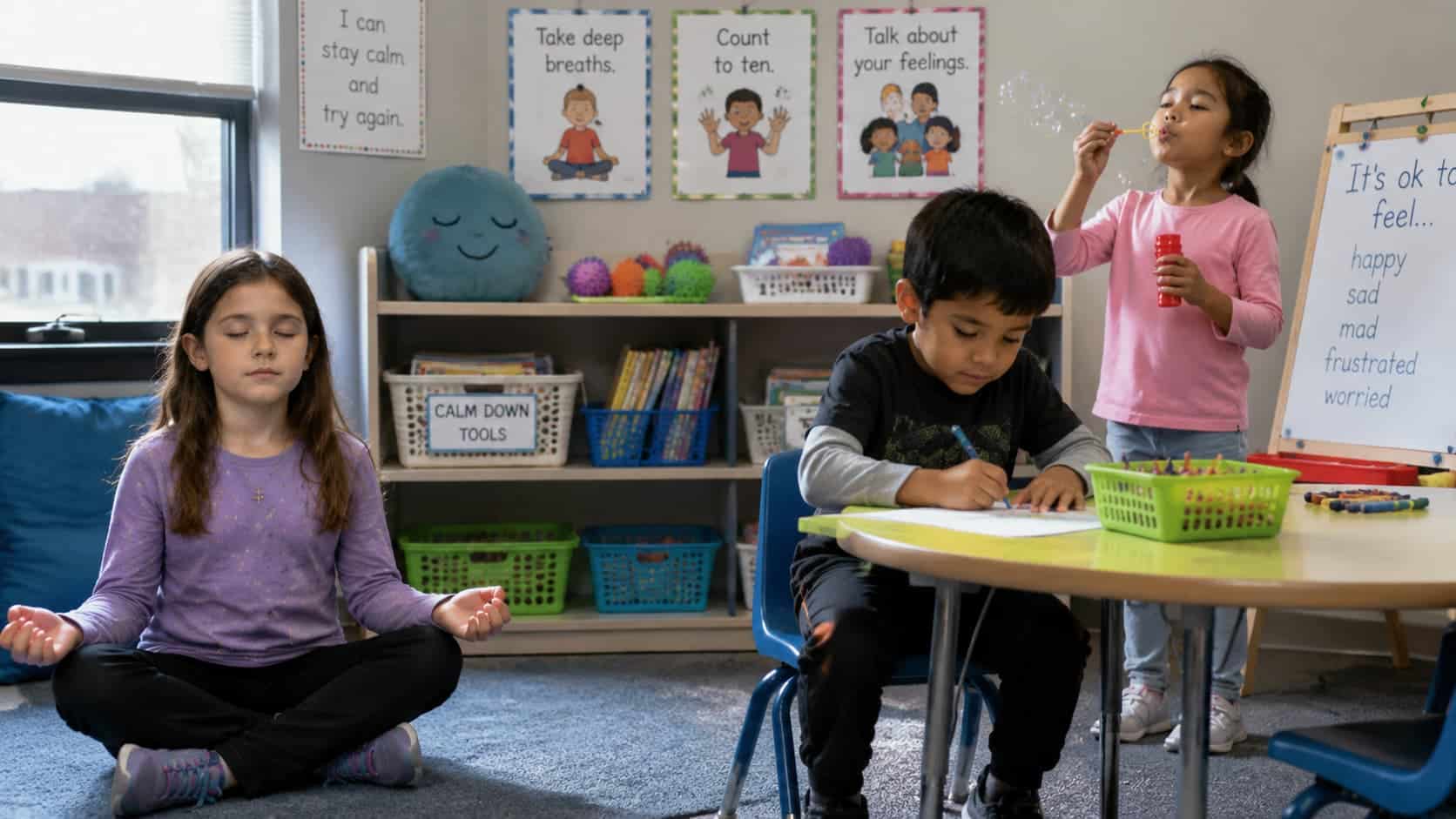 Three young children in a classroom practicing calming coping skills: a girl on a mat meditating, a boy at a desk writing, and a girl blowing bubbles.