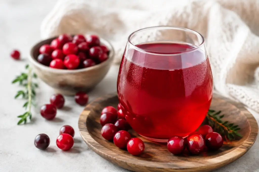 Frequently Asked Questions Can You Drink Too Much Cranberry Juice? Yes, too much can cause stomach upset or diarrhea. Stick to 4 to 8 ounces daily for best results. More than that offers no extra benefit and may upset your stomach. How Much Pure Cranberry Juice Should I Drink? Aim for 4 to 8 ounces of pure, unsweetened juice daily. Dilute it with water if it’s too tart. This keeps sugar and acidity in check for daily use. What Is the Healthiest Cranberry Juice to Buy? Look for 100% pure, unsweetened cranberry juice with no added sugar or artificial ingredients. Check the label carefully before buying to confirm purity. Can Cranberries Lower Blood Pressure? Cranberry polyphenols may support blood vessel function. Some research links regular intake to modest improvements in blood pressure markers. Is Cranberry Juice Good for Constipation? This topic is not covered in the provided source article. A verified source is needed before I can answer accurately. How Much Sugar Is in Cranberries? A glass of fresh cranberry juice surrounded by ripe cranberries and green leaves on a wooden surface, highlighting the benefits of cranberry juice.