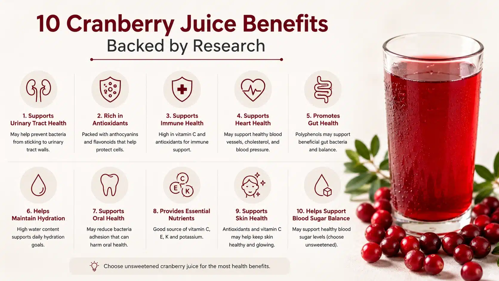 The infographic below summarizes the top research-backed cranberry juice benefits at a glance. It highlights the key health advantages in a simple, easy-to-scan format.