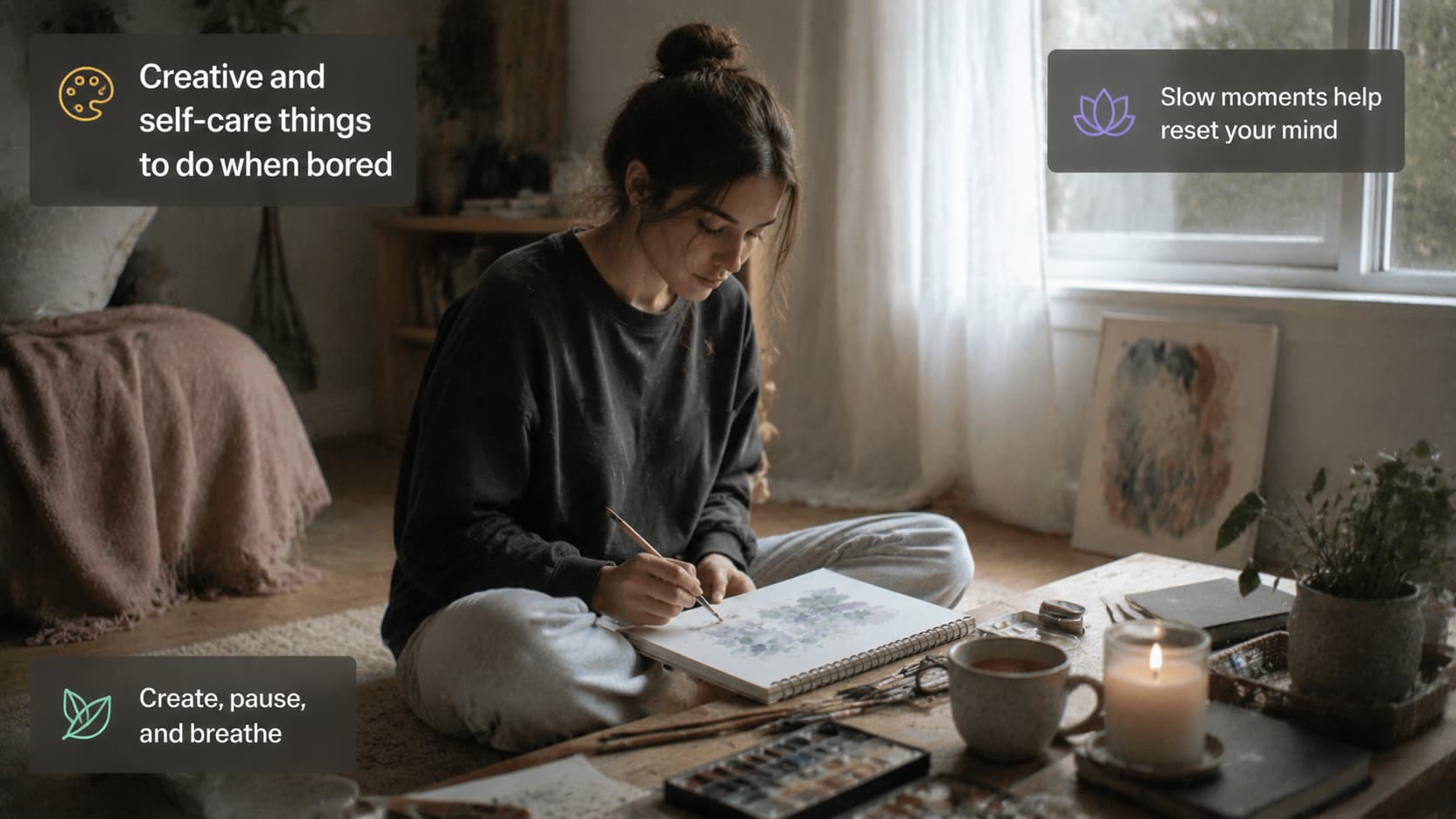 A peaceful scene of a person practicing self-care, featuring a warm cup of herbal tea and a journal next to a sunny window.