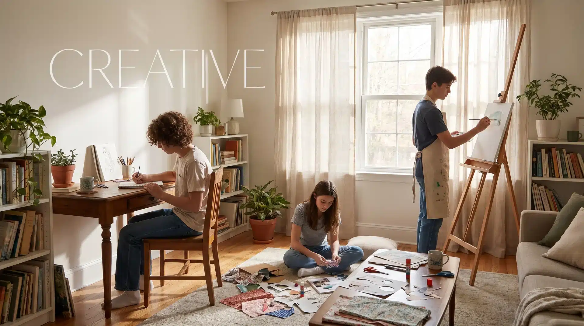 Three teenagers working on different art projects, including painting on an easel and crafting, in a cozy living room.