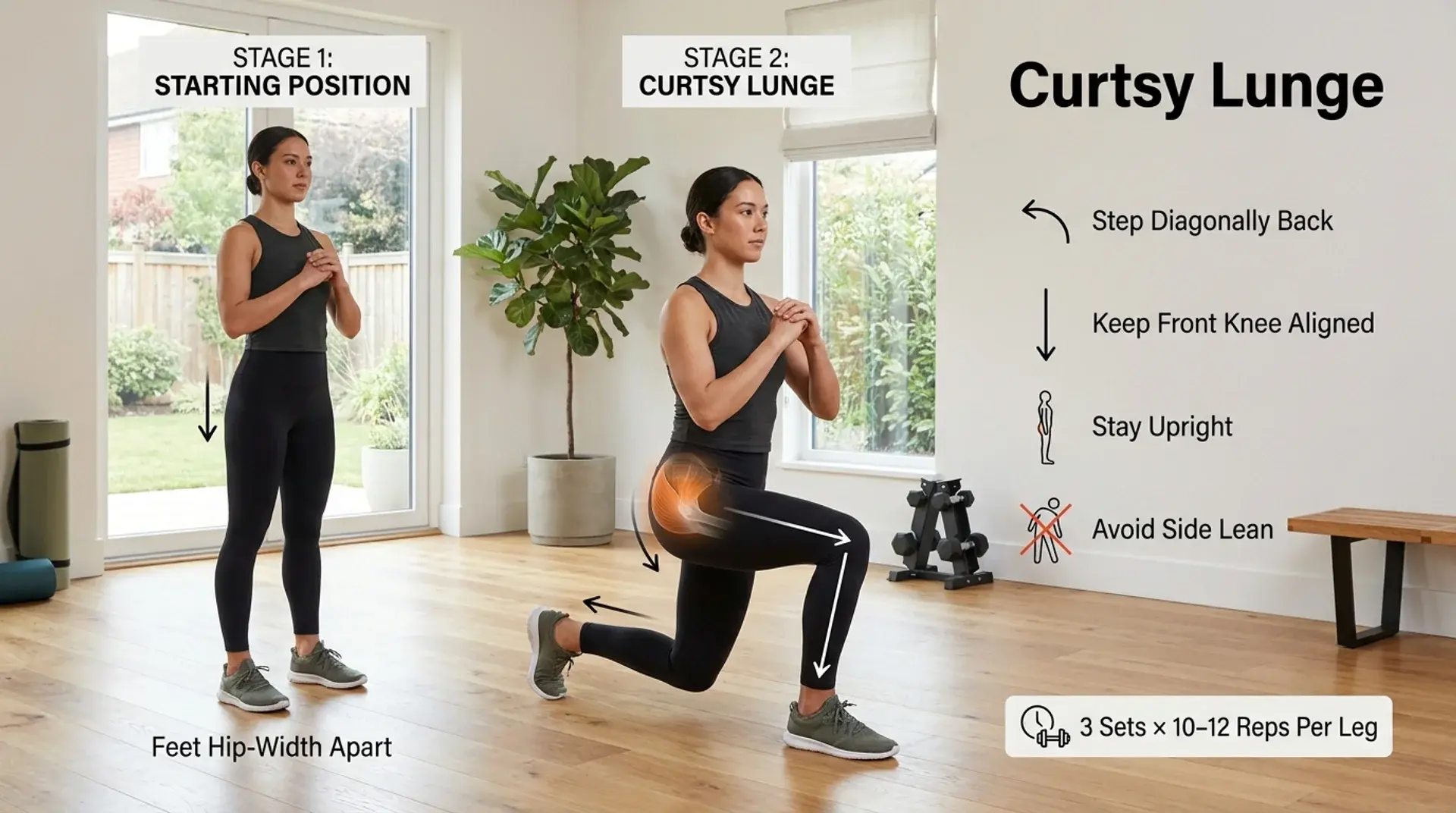 Curtsy lunge infographic showing lateral glute activation and proper exercise form