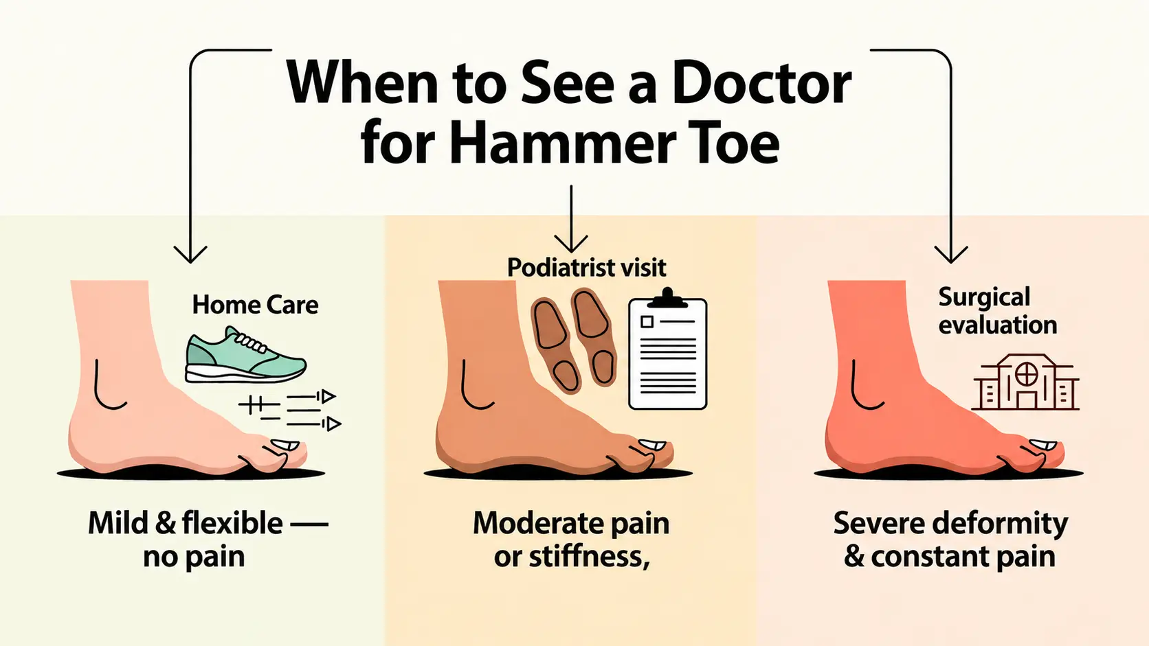 Three-level infographic showing when to see doctor for hammer toe from home care to surgery.