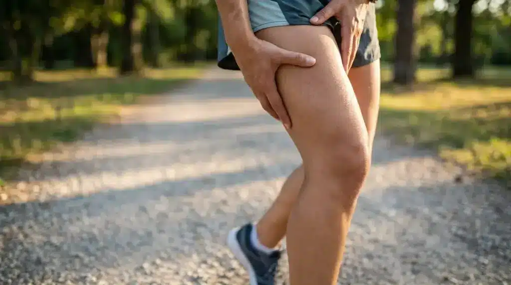 Runner showing early signs of femoral stress fracture with subtle thigh discomfort during activity.