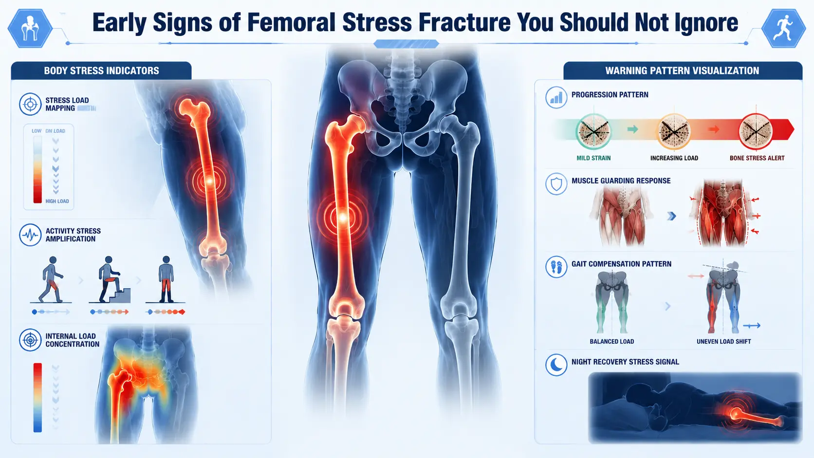 Infographic showing hidden progression of femoral stress fracture signs using femur stress visuals