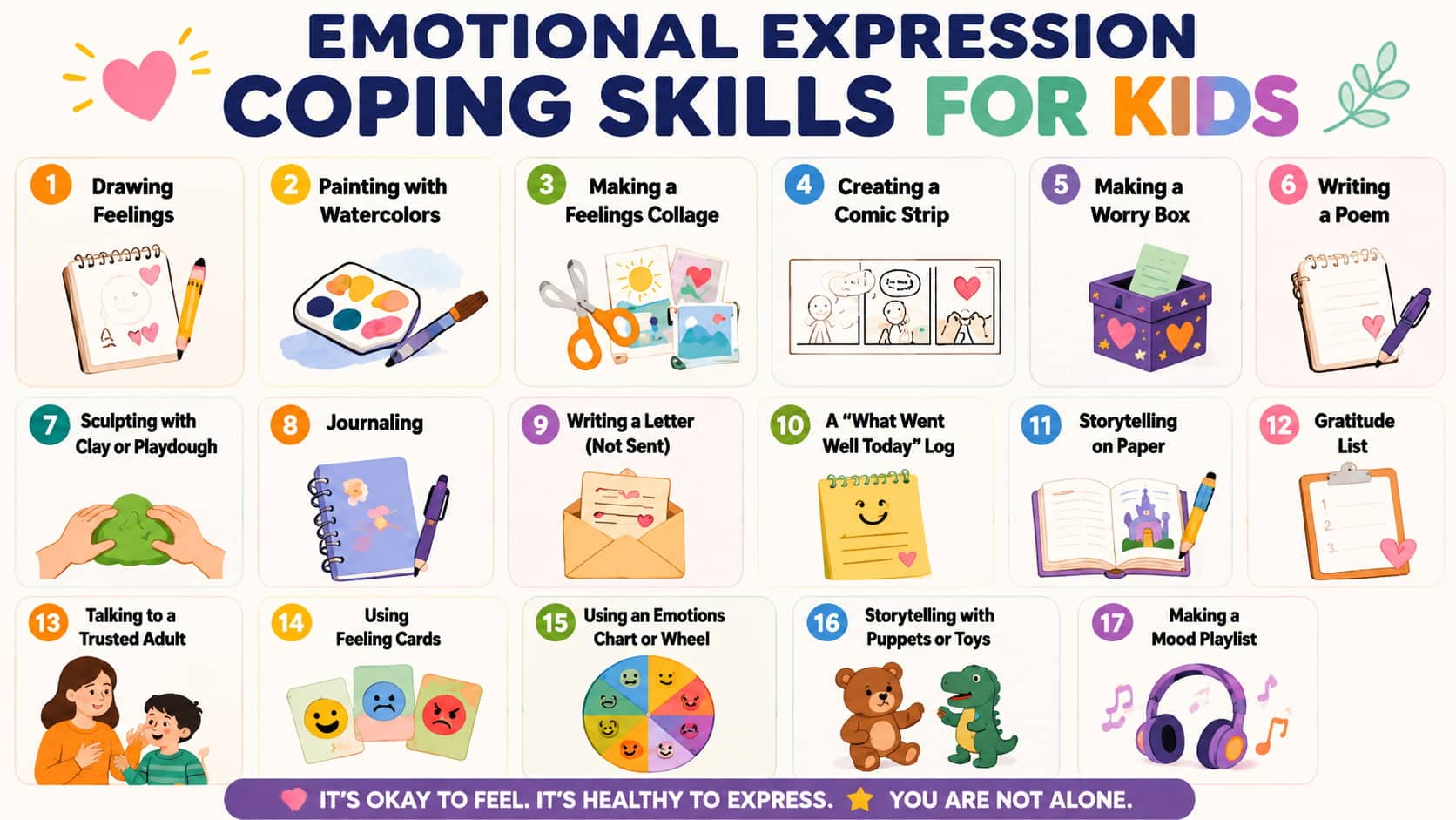 Infographic titled 'Emotional Expression Coping Skills for Kids' showing a grid of 17 numbered mindfulness and creative art techniques for children.