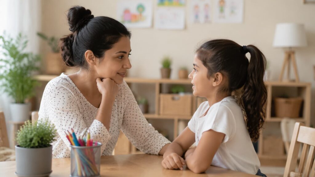 A woman and a young girl sitting at a desk, smiling and talking face-to-face in a brightly lit room.