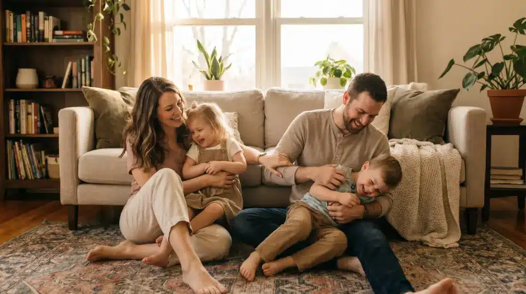 A happy family of four laughing and playing together on the living room floor in front of a couch."