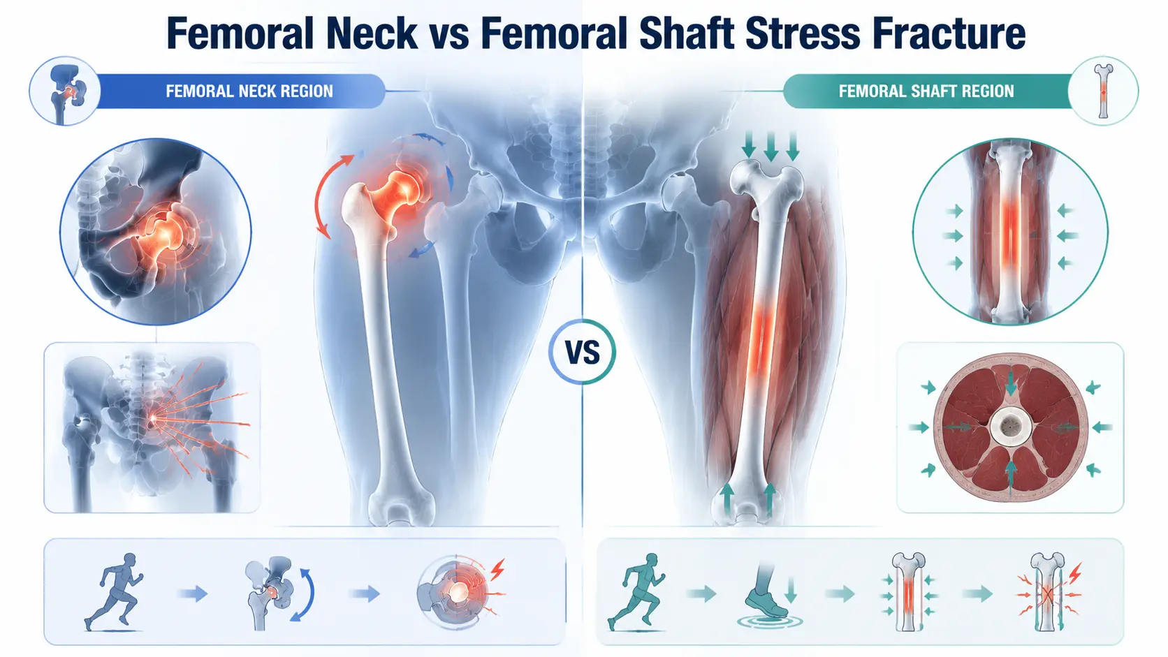 Comparison infographic showing femoral neck and shaft stress fracture locations on femur diagram
